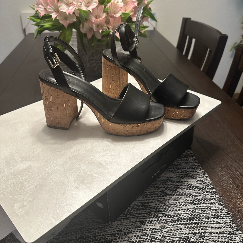 Chic Black Platform Sandals with Cork Heel** Used like 3 times**